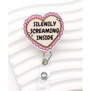 Silently Screaming Inside Heart Retractable Badge Reel Pink Kawaii ID Holder